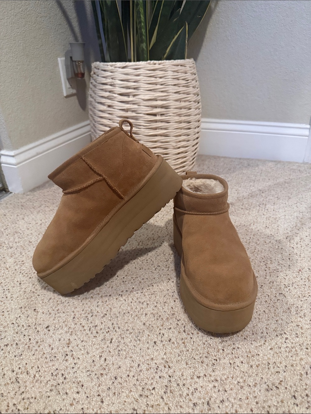 UGG Platform Suede Ankle Booties in Chestnut
